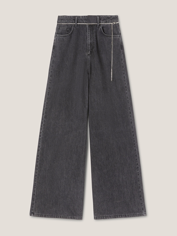 Jeans wide leg con catenella in strass