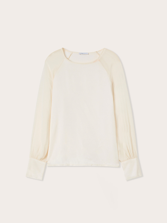Blouse with sheer raglan sleeves