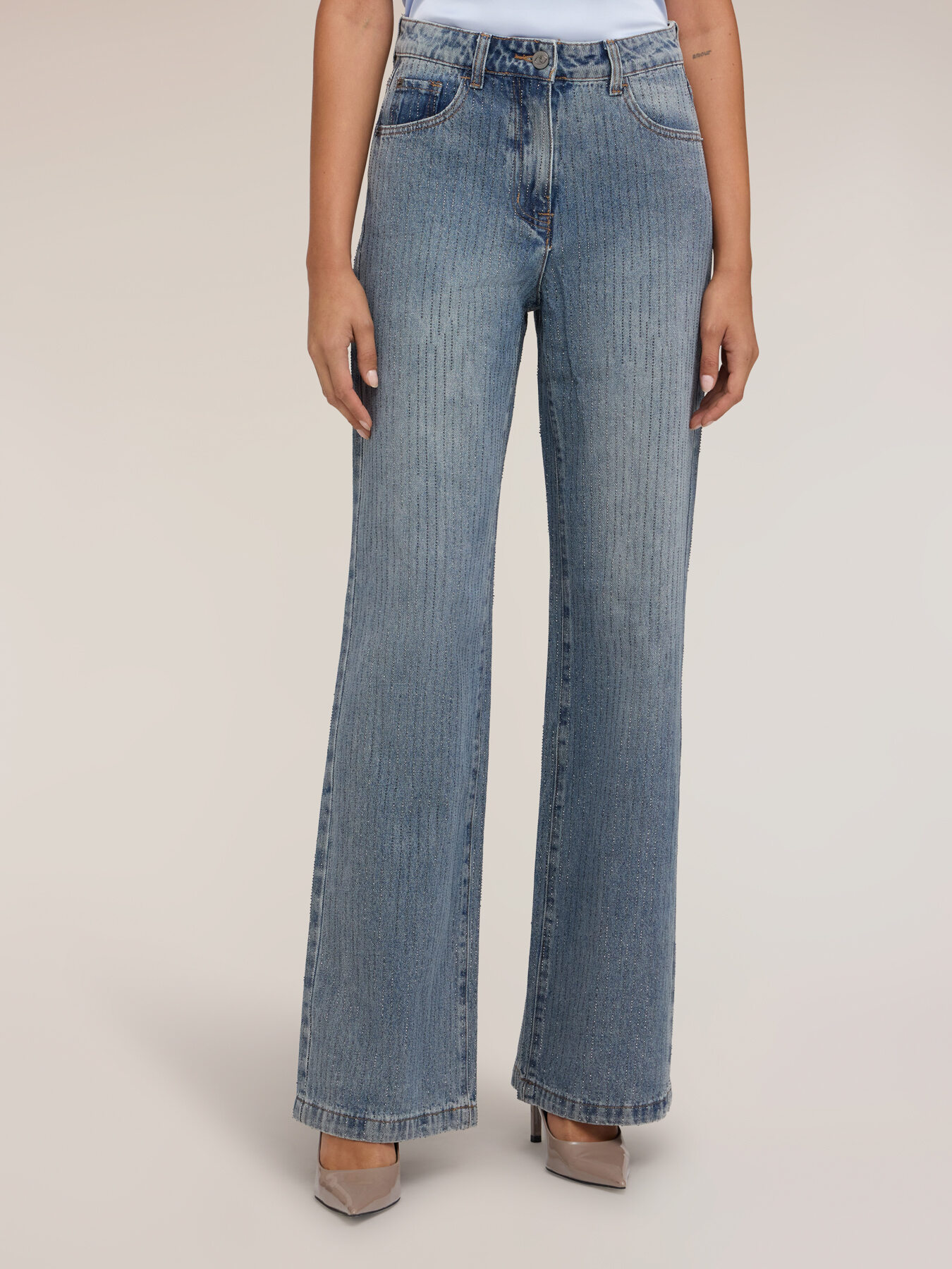 High-waisted palazzo jeans with rhinestones image number 2