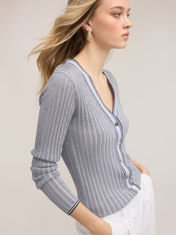 Cardigan din tricotaj nervurat cu lurex