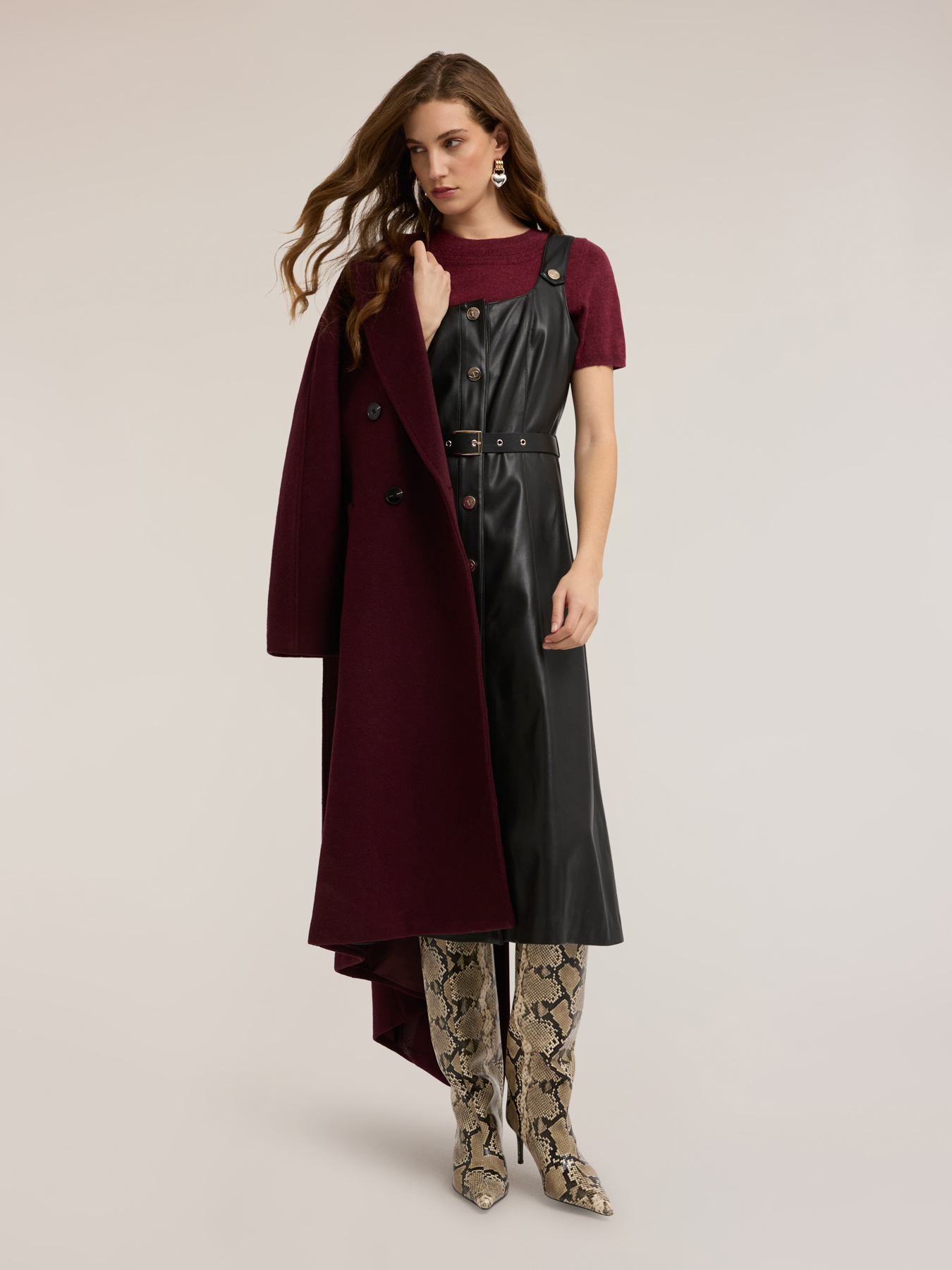 Flare dress with belt in coated fabric image number 0