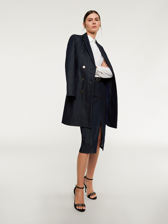Blue denim rinse double-breasted coat