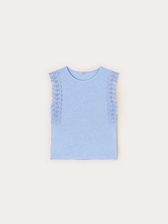 Mixed linen T-shirt with lace inserts