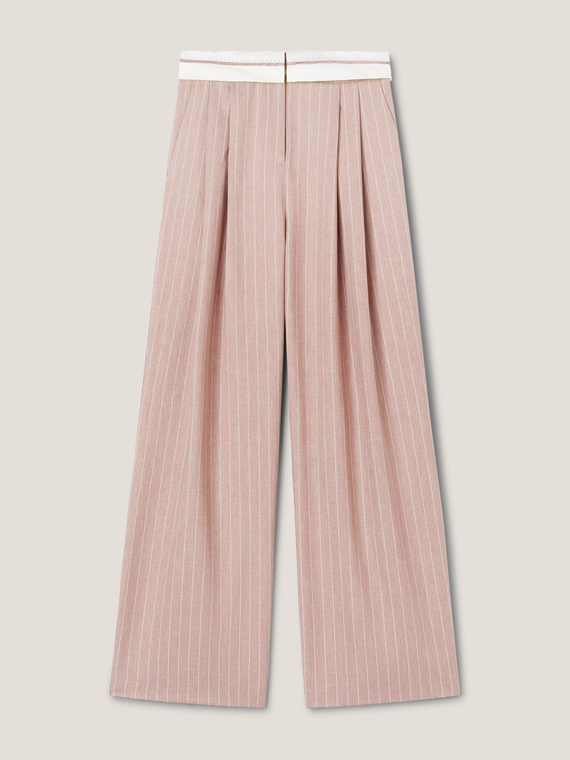 Wide pinstripe trousers with belt feature