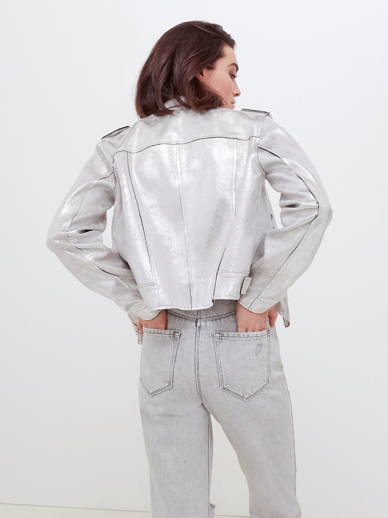 Shimmer faux suede biker jacket image number 2