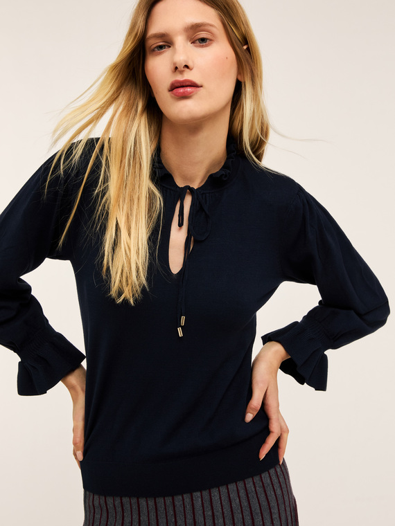 Motivi Maglia con rouches in viscosa comfort Donna, Blu, Taglia L