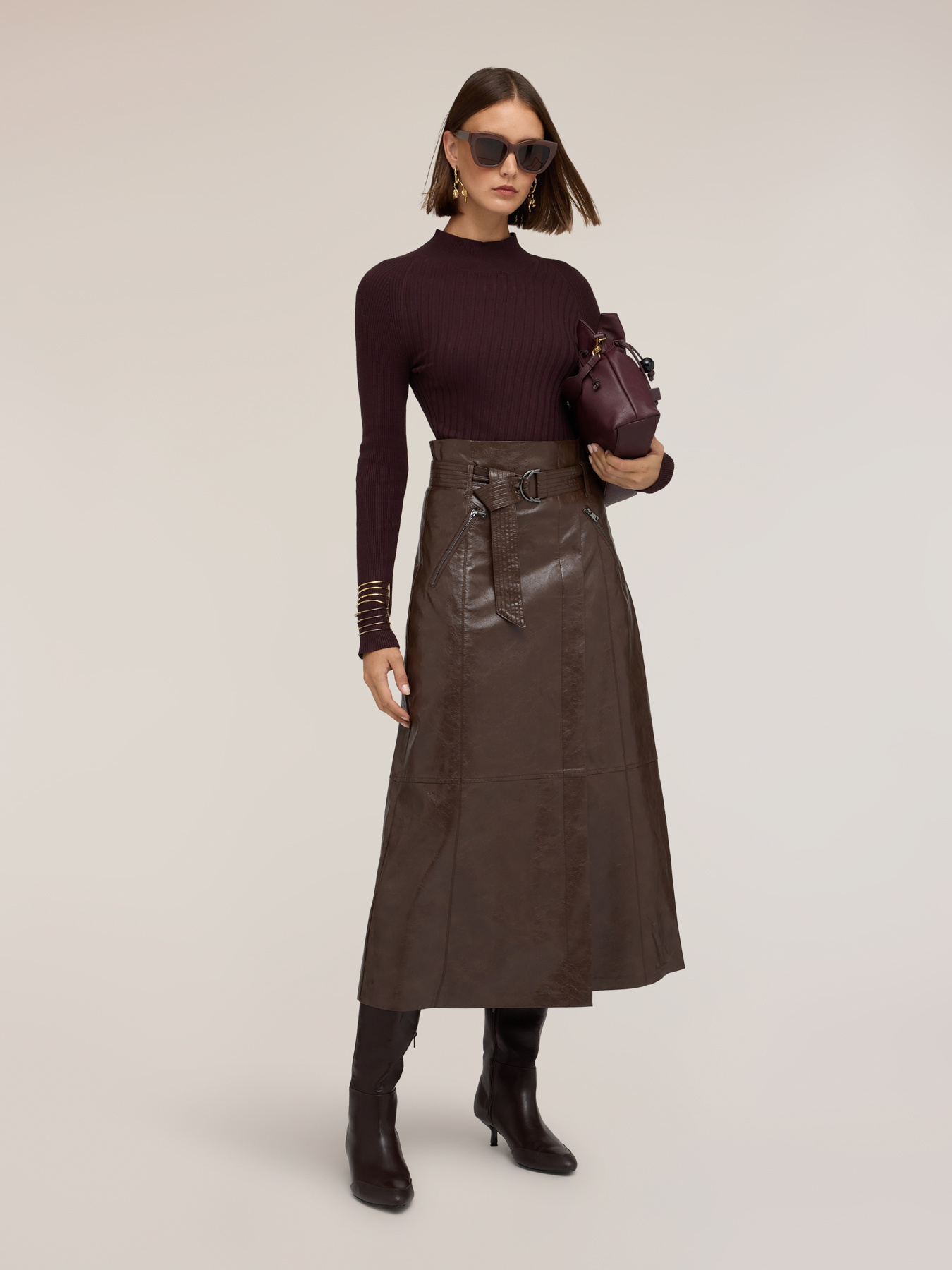 Midi A-line skirt in coated fabric image number 0