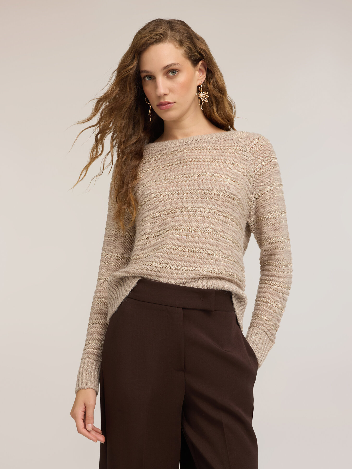 Striped sweater with net-effect knit image number 0