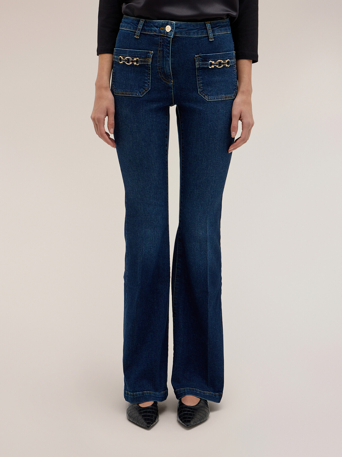 High-waisted flare jeans with jewel embellishment image number 1