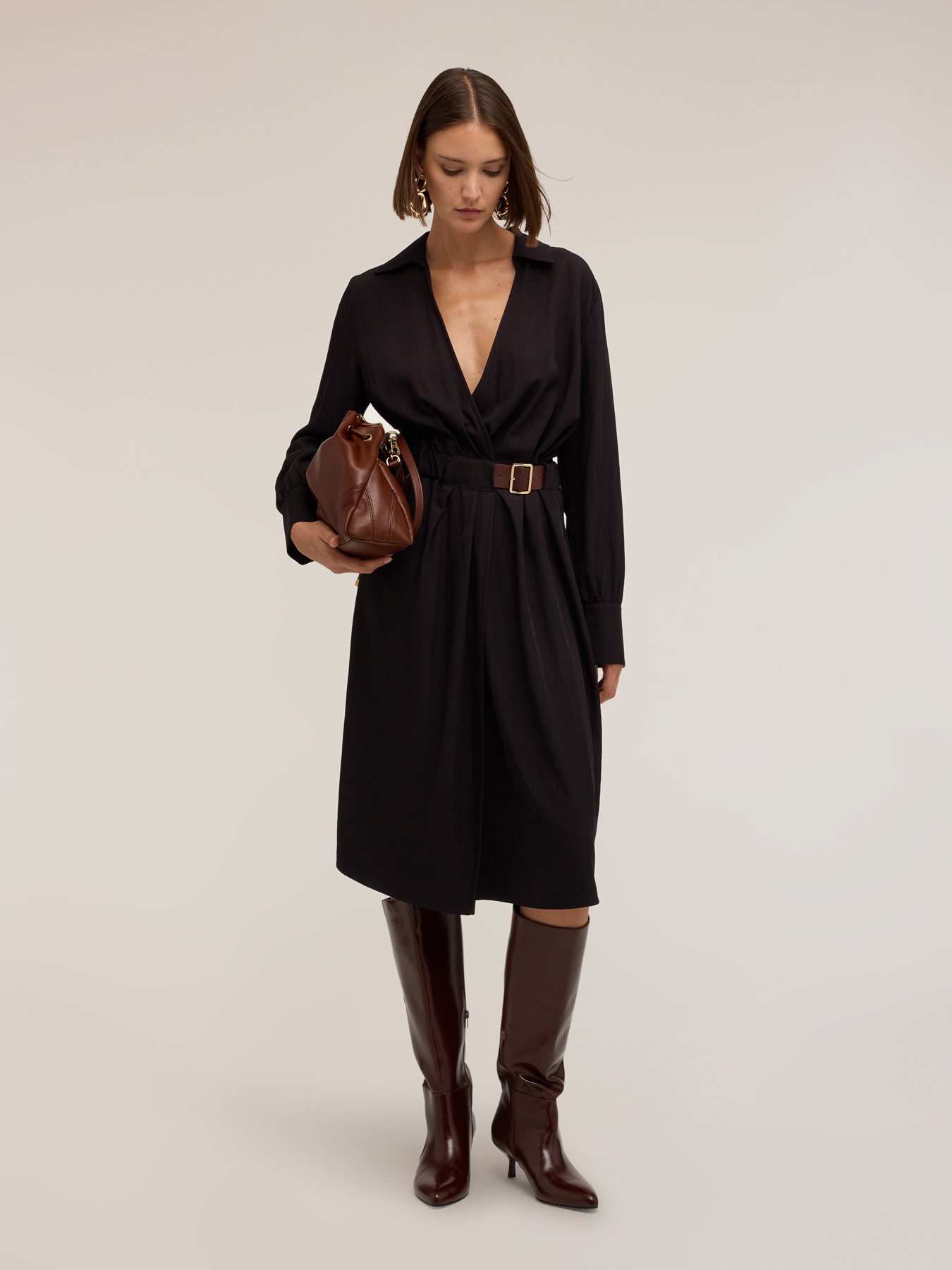 Vestito chemisier in twill drappeggiato image number 2