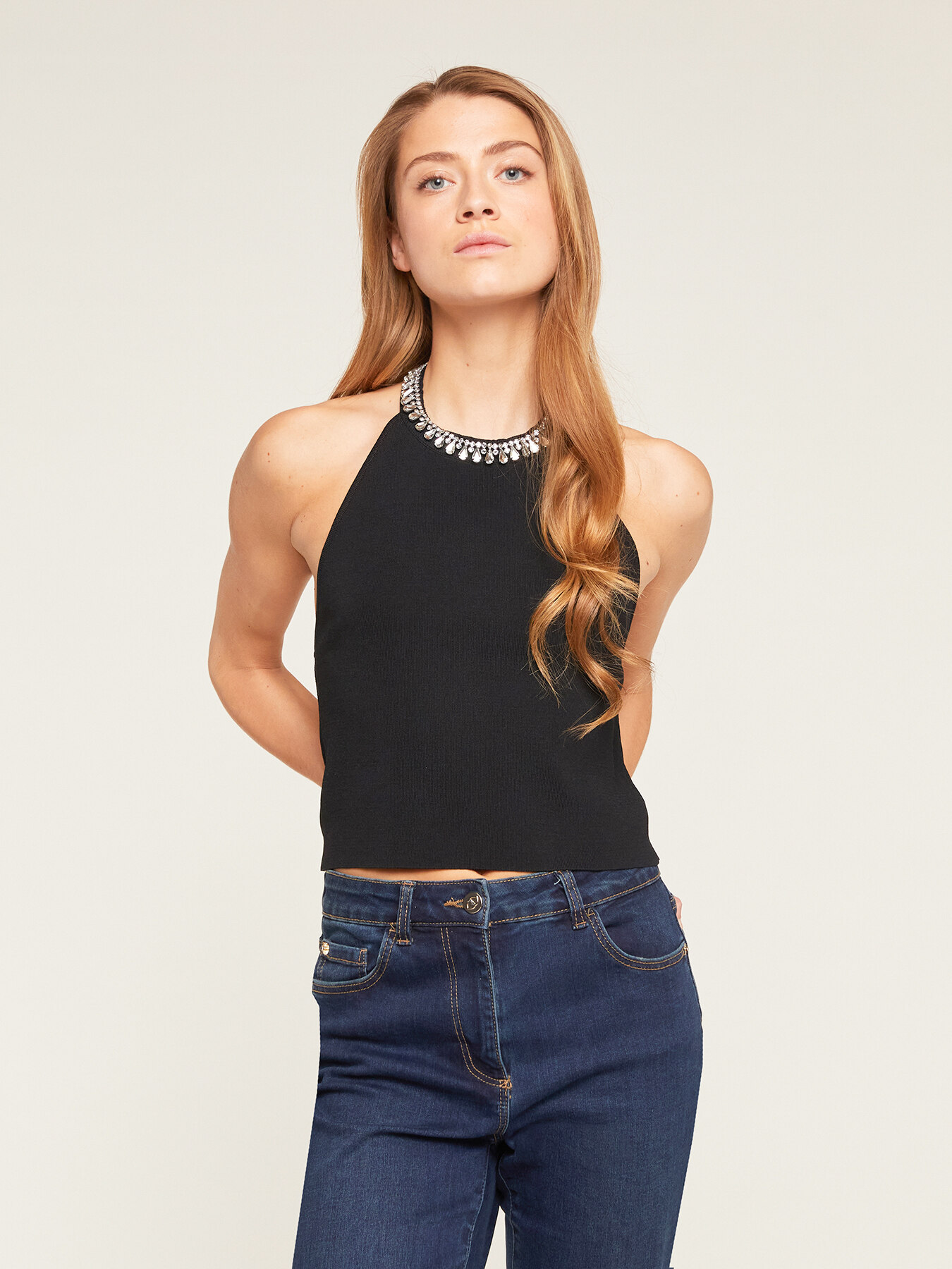 Short knit top with crystal stones image number 0