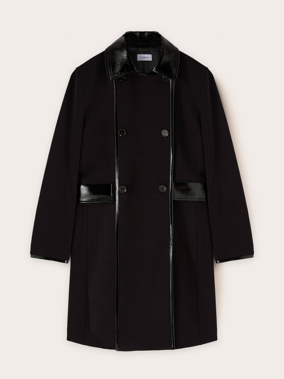 Polyviscose coat with patent leather inserts
