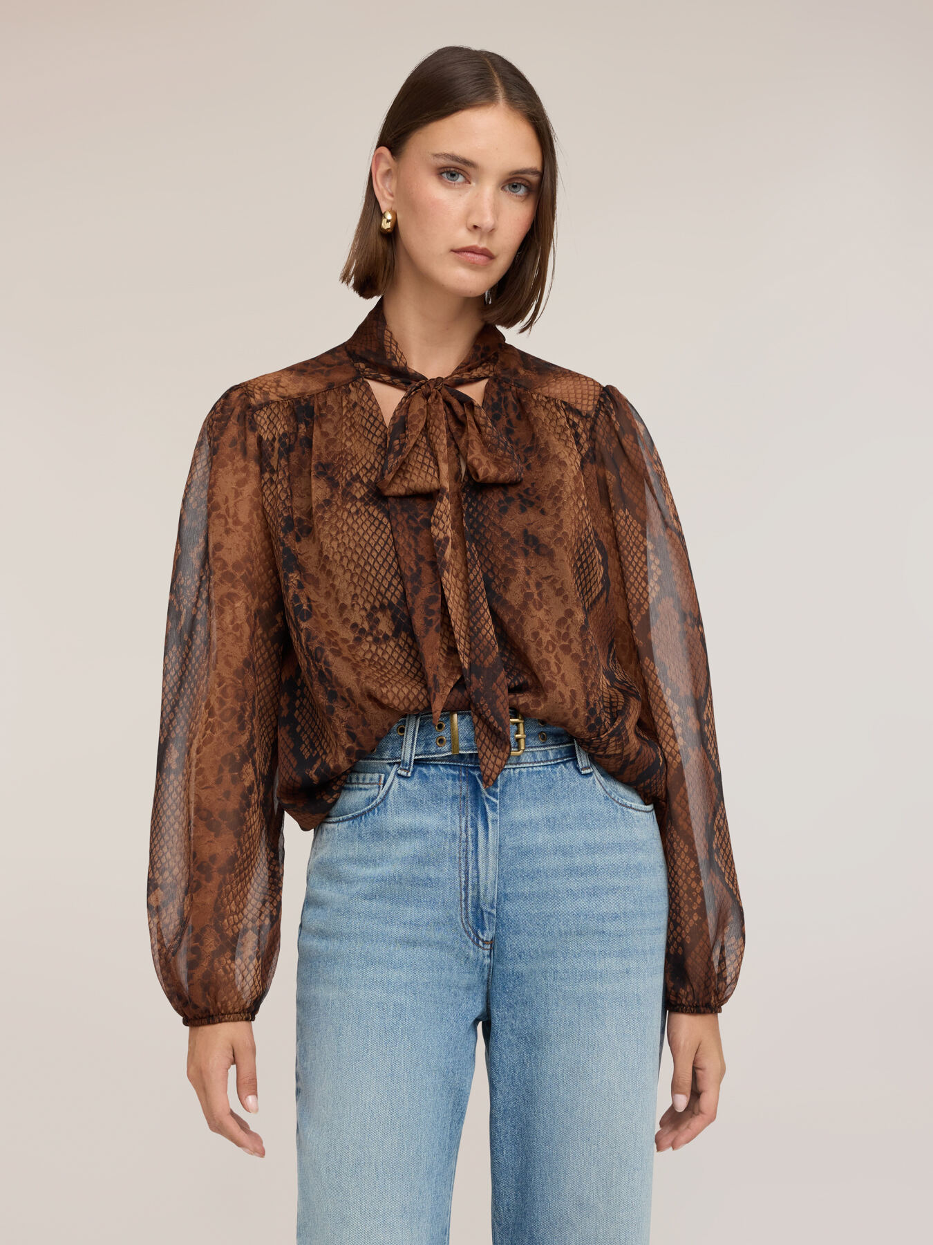 Animal print georgette blouse with bow image number 0