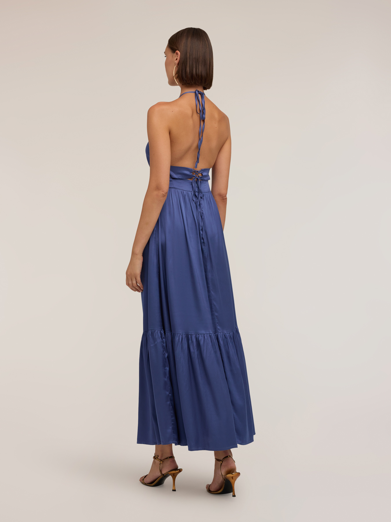 Long satin dress with frill image number 2
