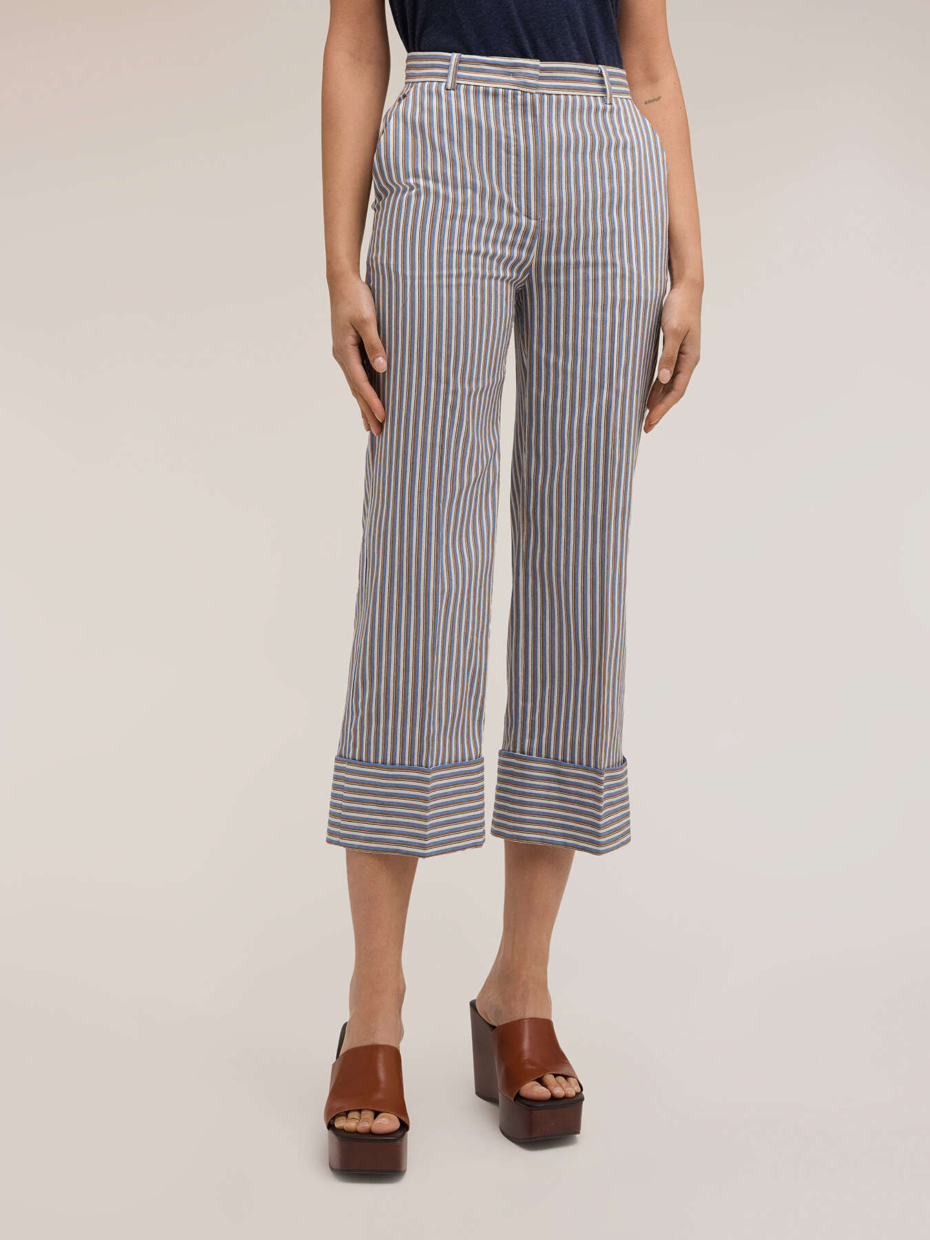 Pantaloni cropped &icirc;n dungi din amestec de bumbac image number 0
