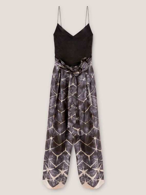 Abstract patterned satin cropped jumpsuit
