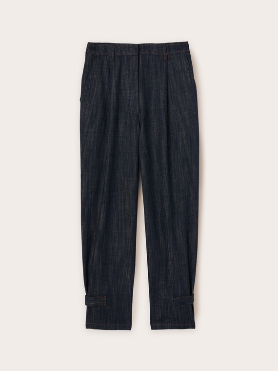 Trousers with denim effect strap on the hem
