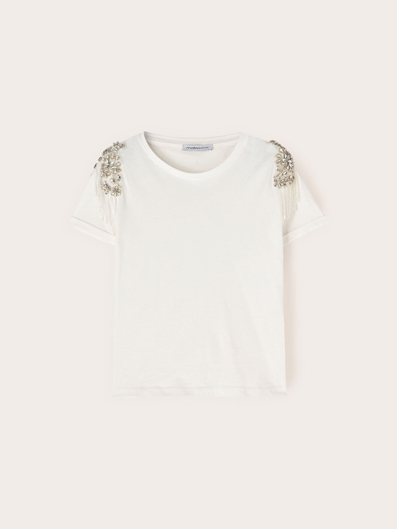 T-shirt avec broderies crystal sur les &eacute;paules