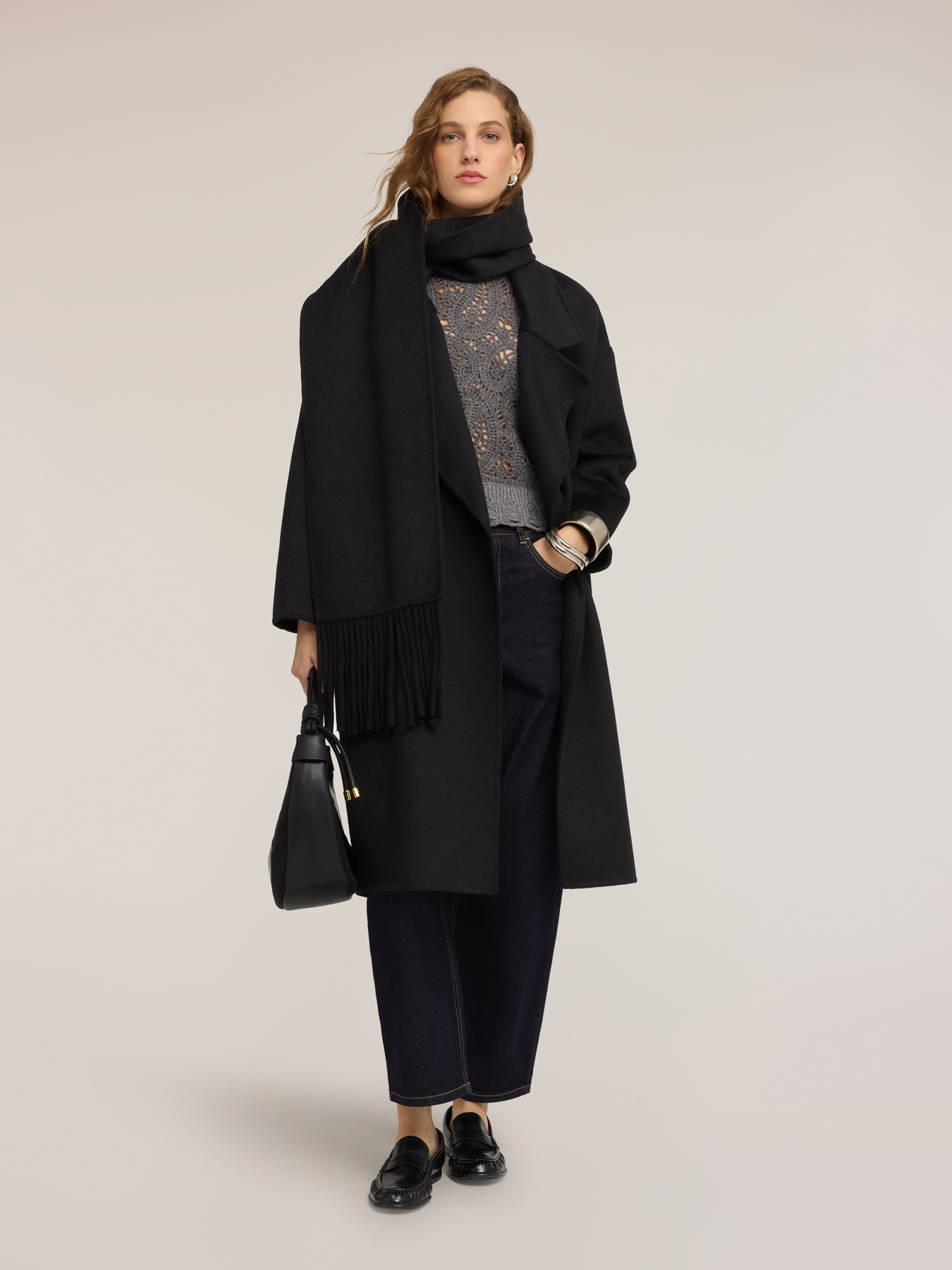 Manteau crois&eacute; en m&eacute;lange de laine double avec &eacute;charpe image number 2