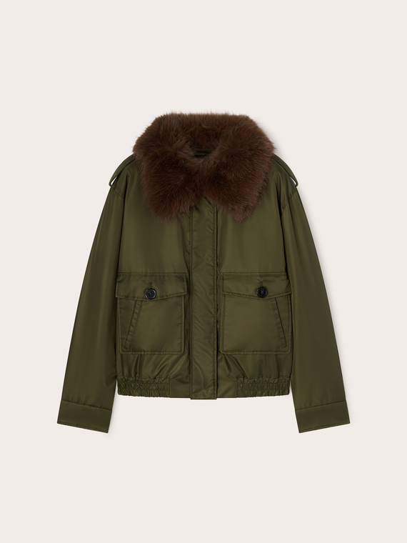 Nylon bomber jacket with removable collar