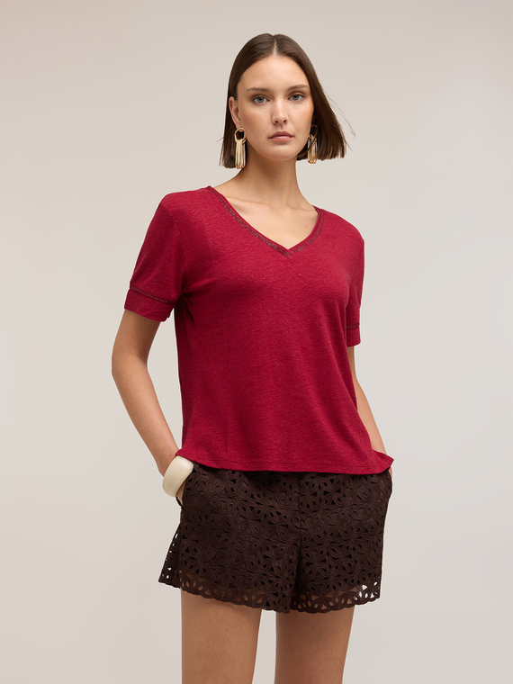 Mixed linen T-shirt with gold-colored trim