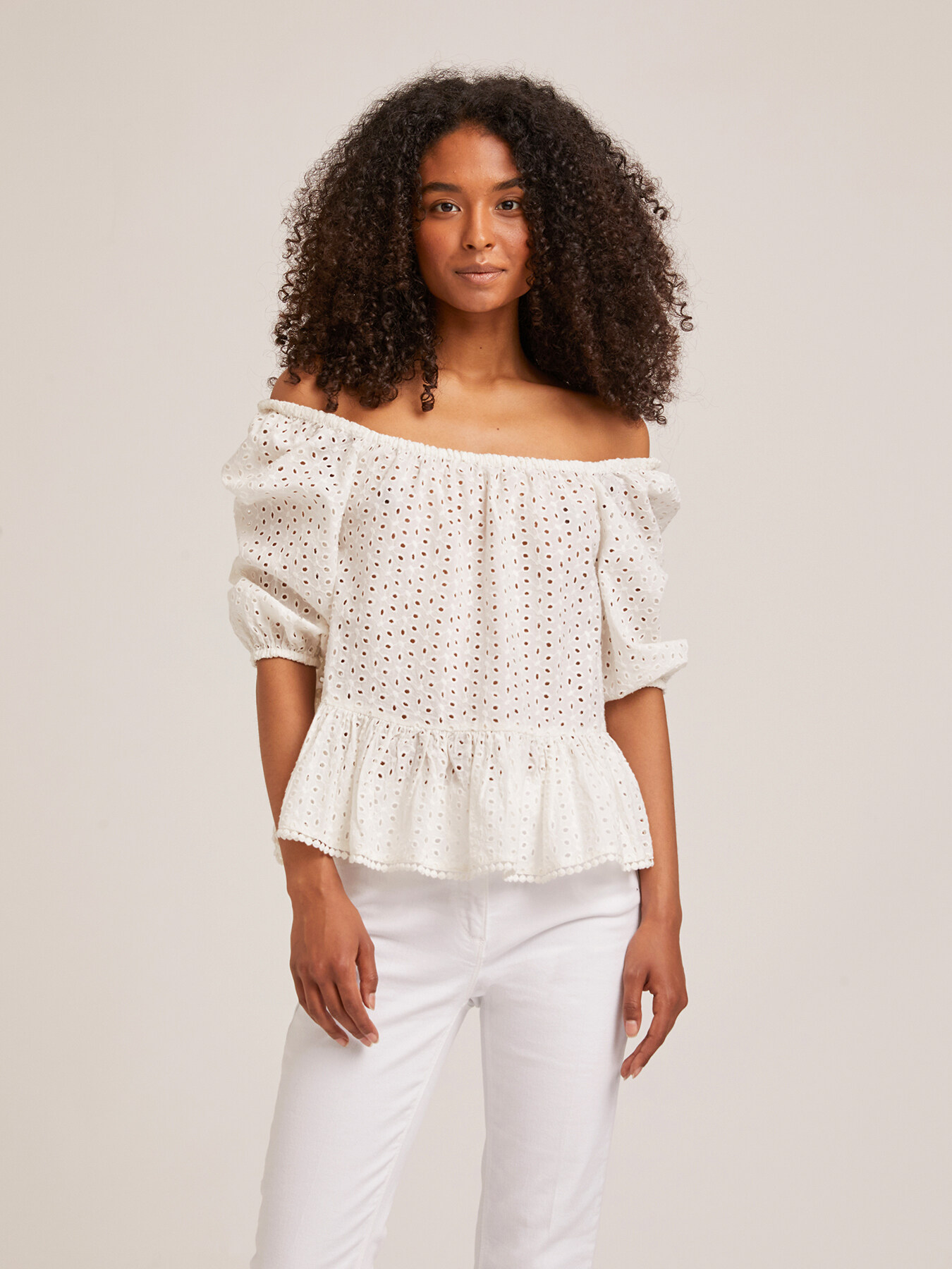 Blouse with puff broderie anglaise sleeves image number 0