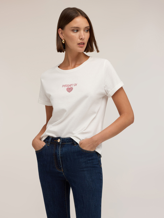 T-shirt with rhinestone lettering and heart