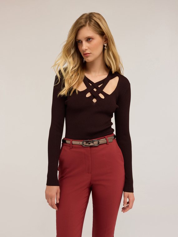 Ribbed sweater with knitted neckline