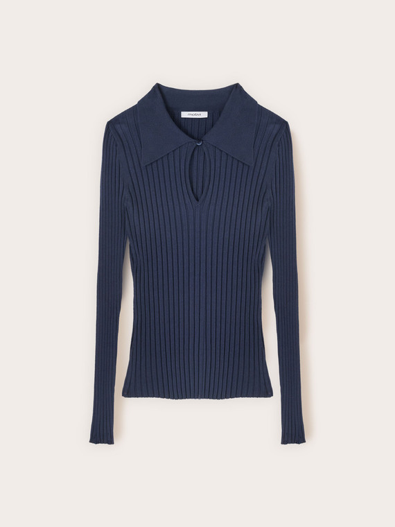 Geripptes Viskose-Poloshirt mit Cut-outs
