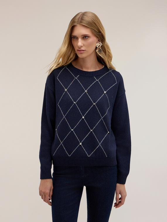 Rautenmuster-Strickpullover mit Strass-Applikationen