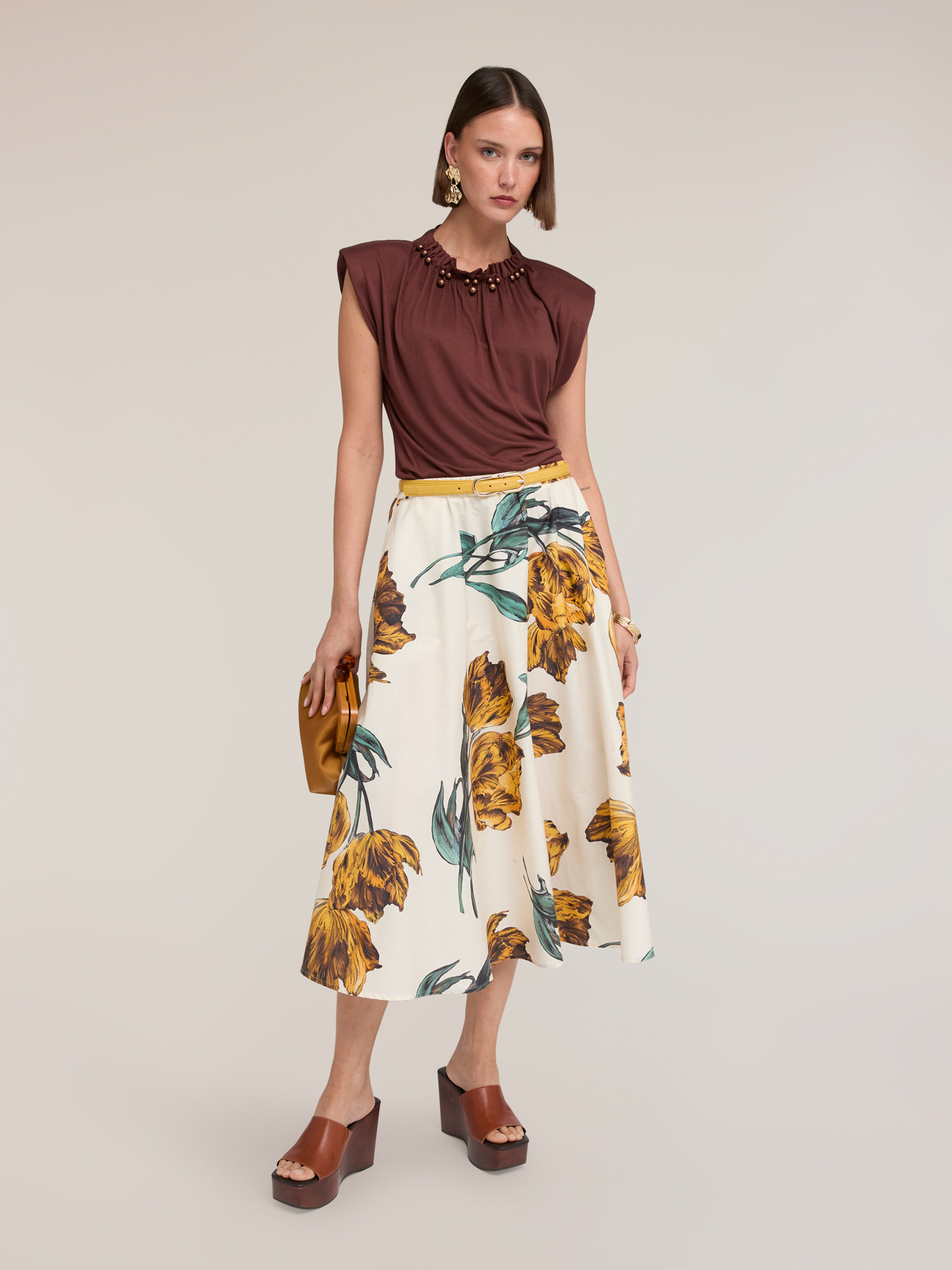 Flared poplin skirt with print image number 0