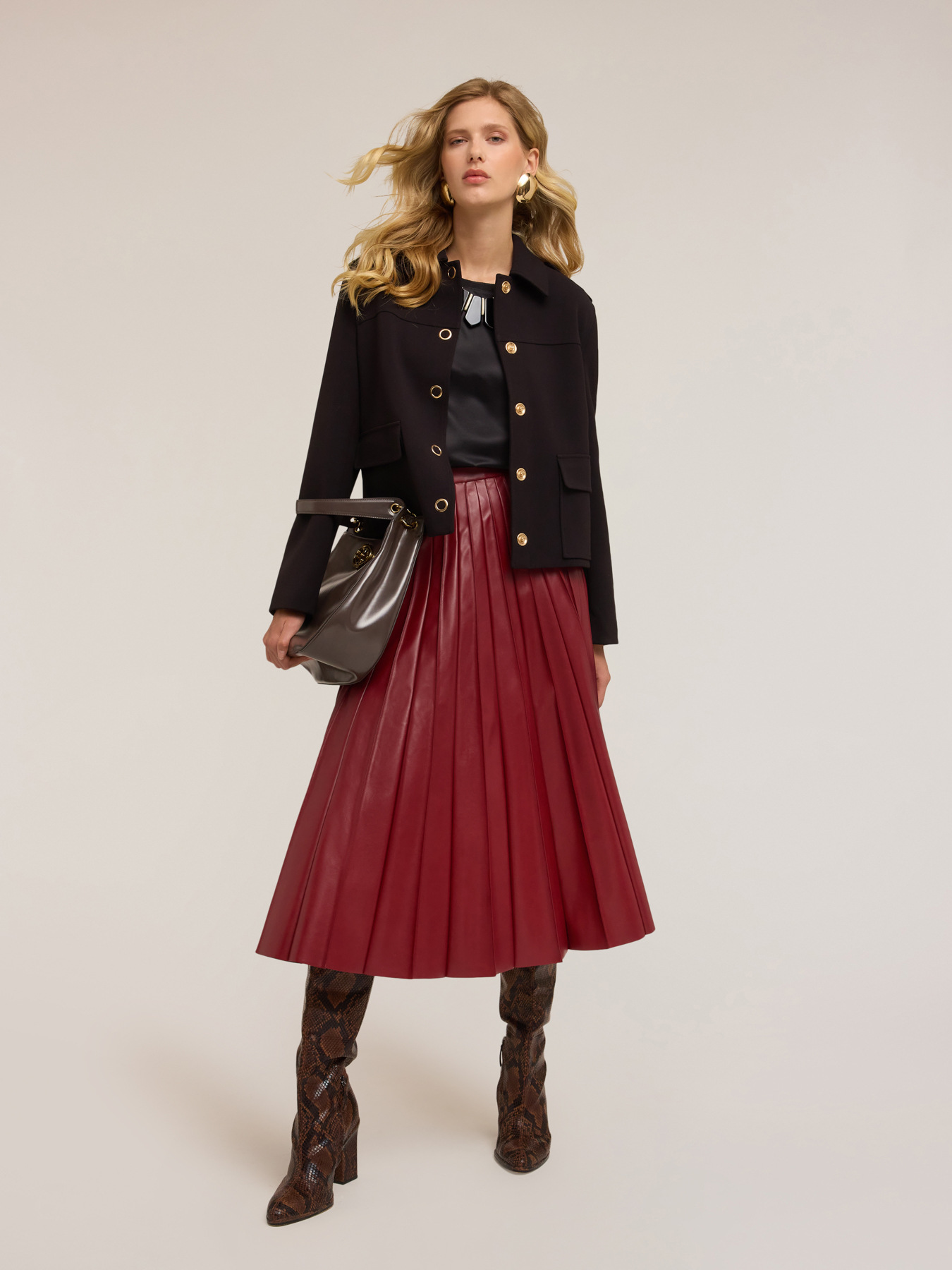 Pleated midi skirt in coated fabric image number 0