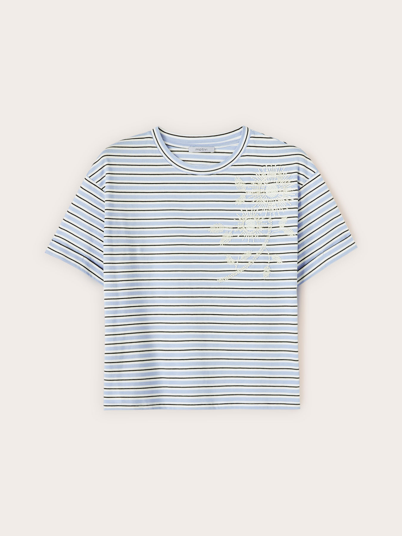 T-shirt a righe con ricamo floreale image number 4