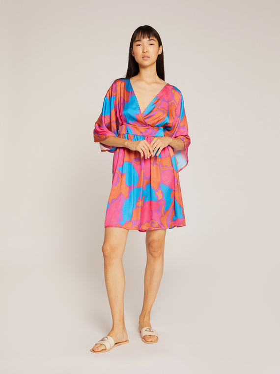Motivi Vestito corto a kimono in raso fantasia floreale Donna