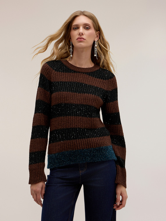Gestreifter Strickpullover aus Wollmischung mit Pailletten