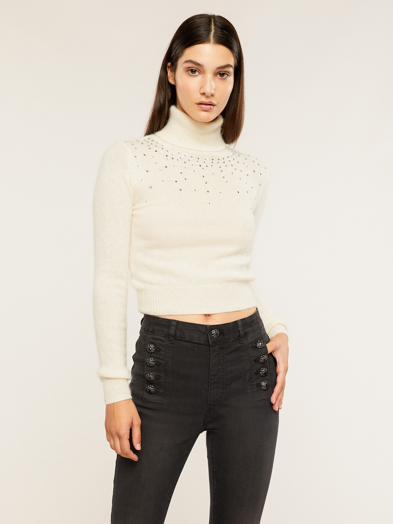 Angora blend turtleneck sweater with rhinestones image number 0