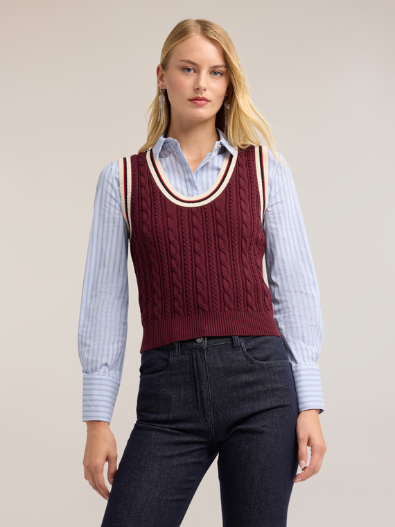 Cable knit top with striped edges