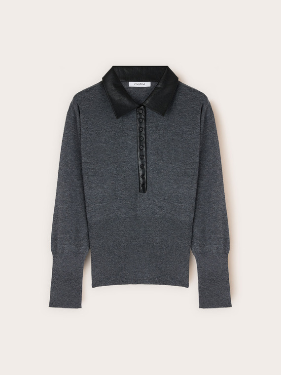 Polo in maglia misto lana con colletto a contrasto