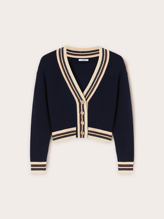 Short knitted cardigan with striped edges