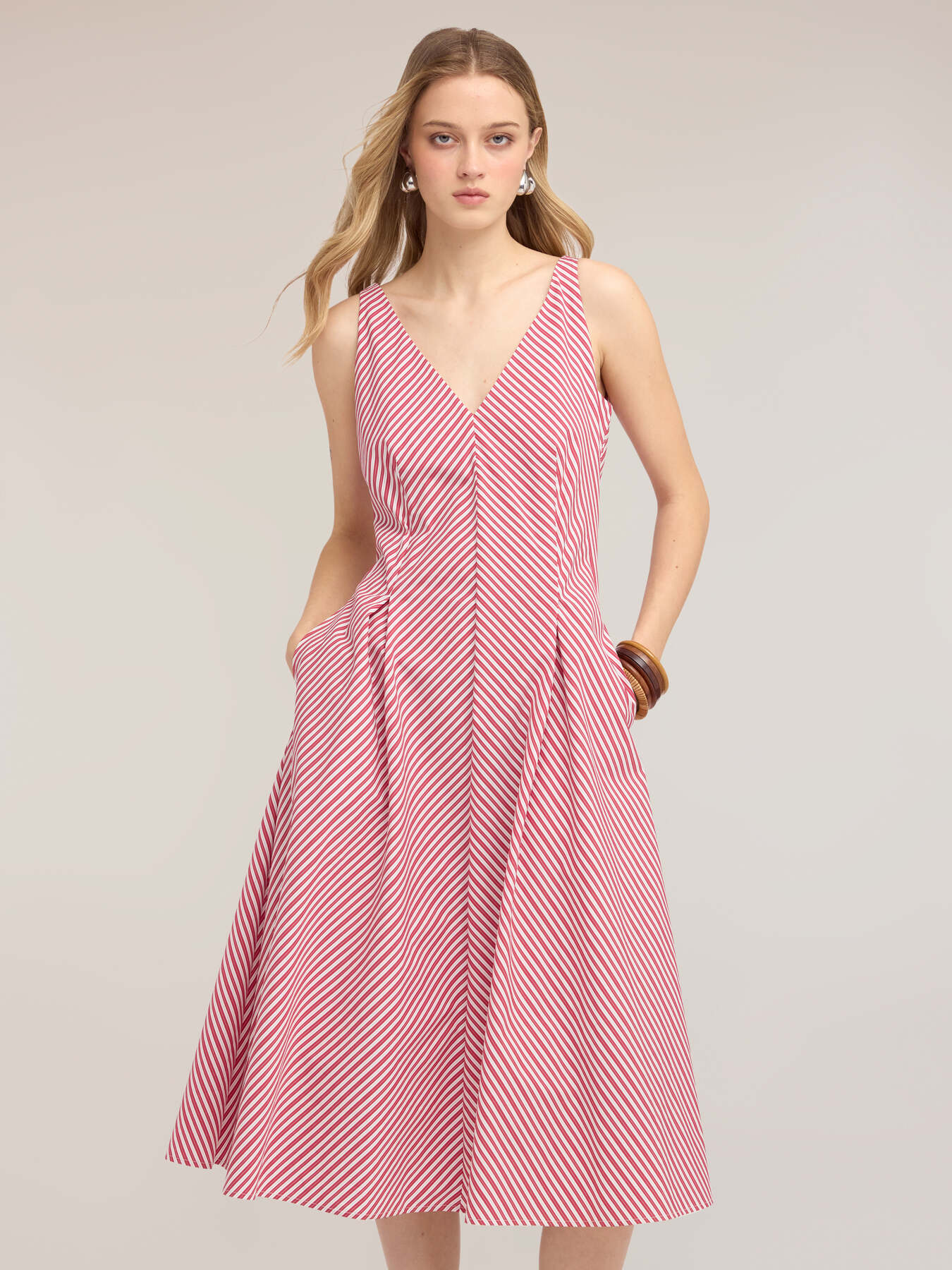 A-line striped poplin dress image number 2