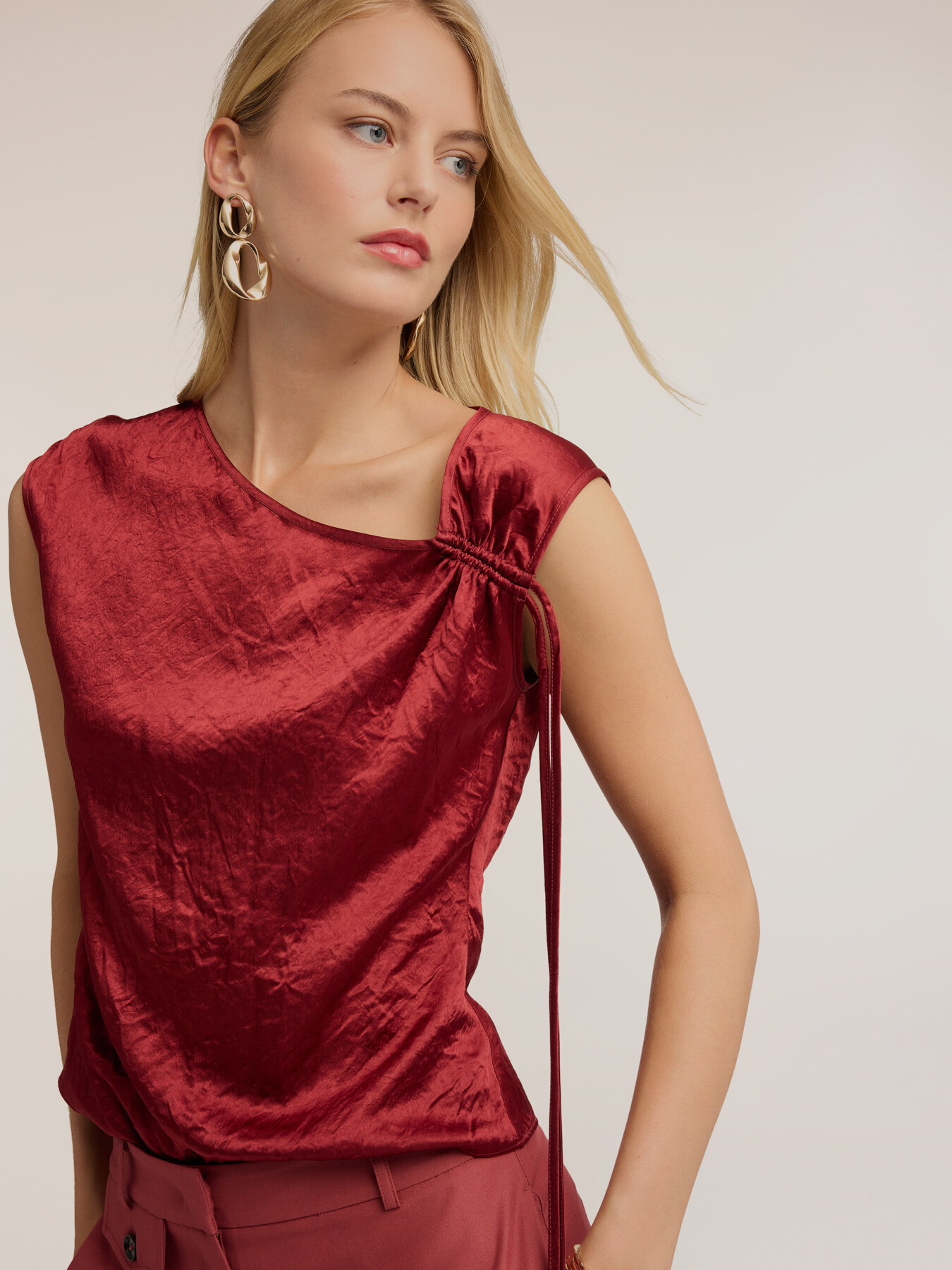 Satin top with draped asymmetric neckline image number 3