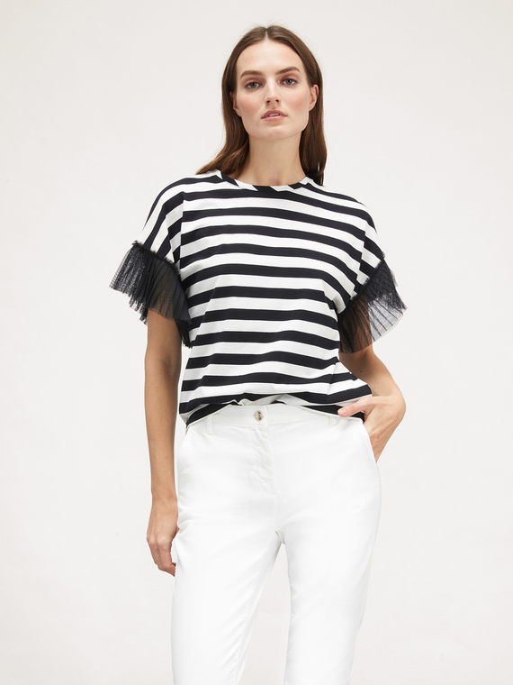 Striped T-shirt with tulle sleeves