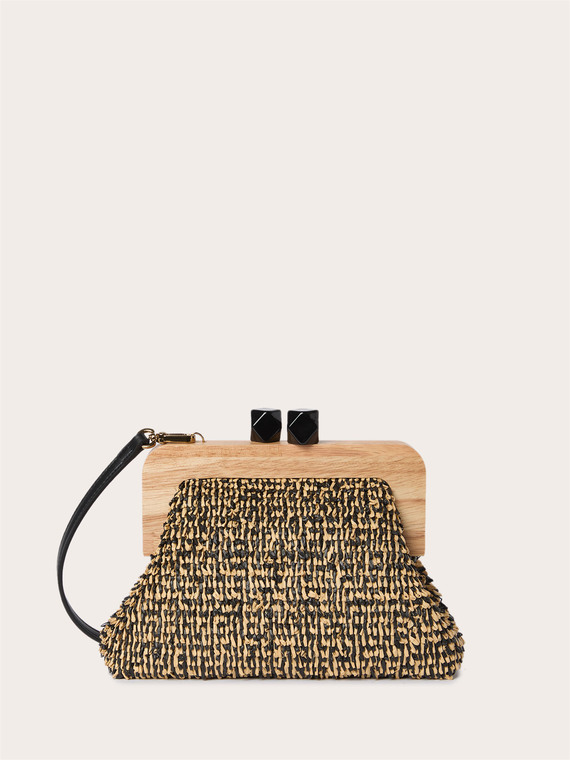 Woven raffia clutch with wooden clasp