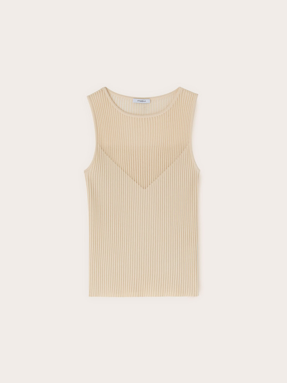 Fine ribbed knit top with sheer neckline