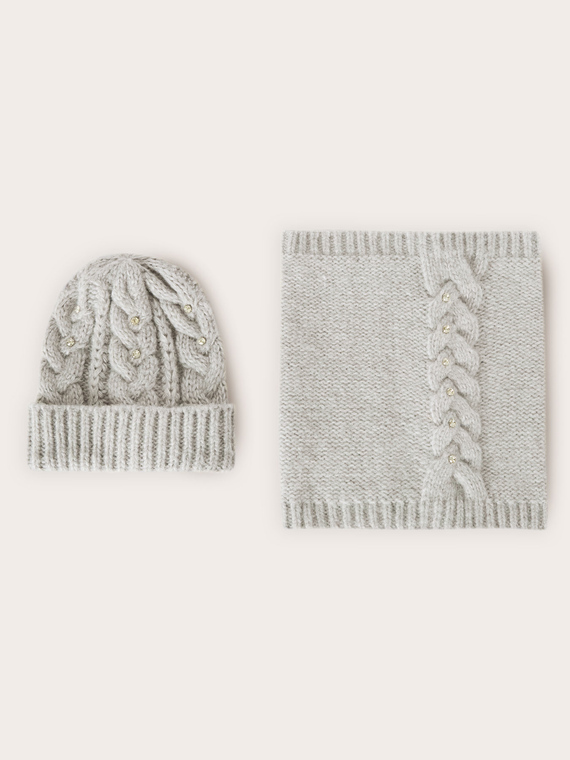 Set Schal und M&uuml;tze mit Kristallsteinen