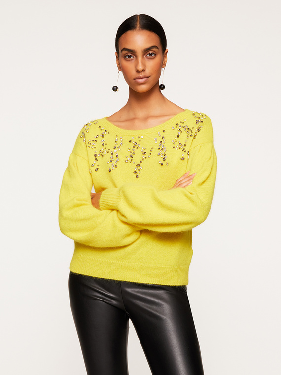 Oversize angora blend sweater with stone embroidery