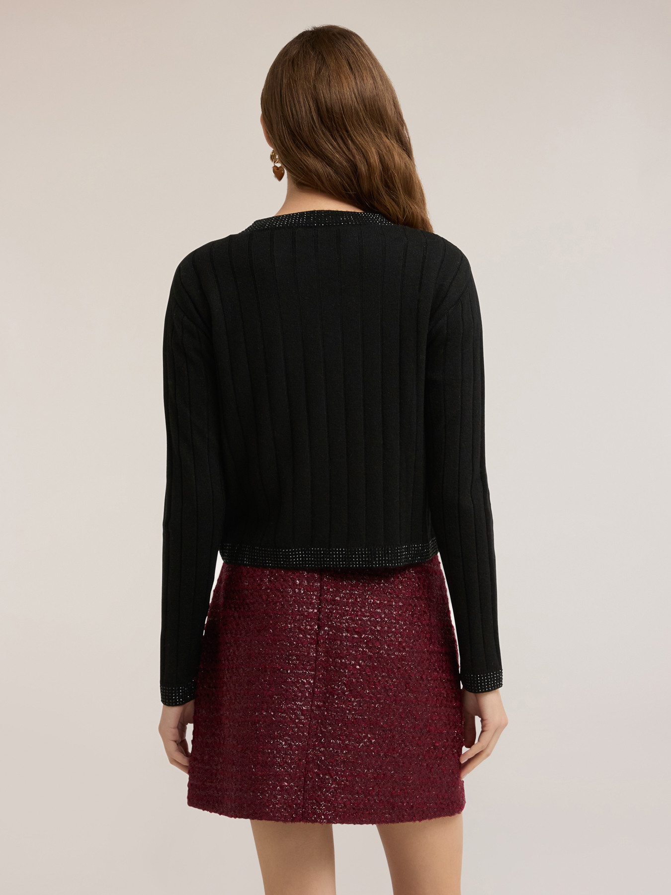Cardigan cropped in maglia con strass image number 1