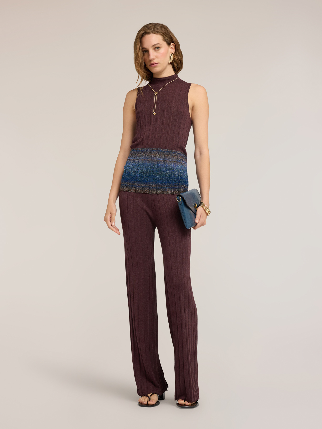 Pleated palazzo pants in lurex viscose knitwear image number 0