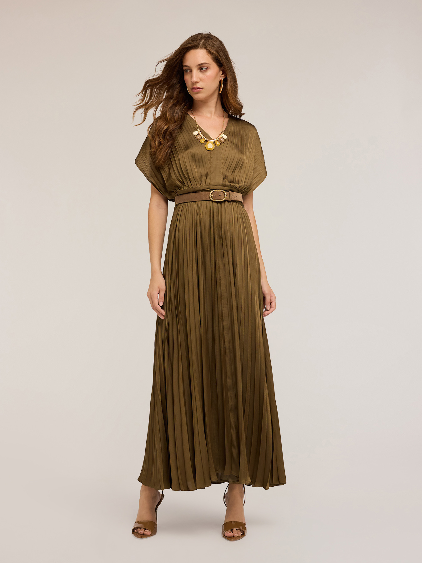 Long pleated satin dress image number 0