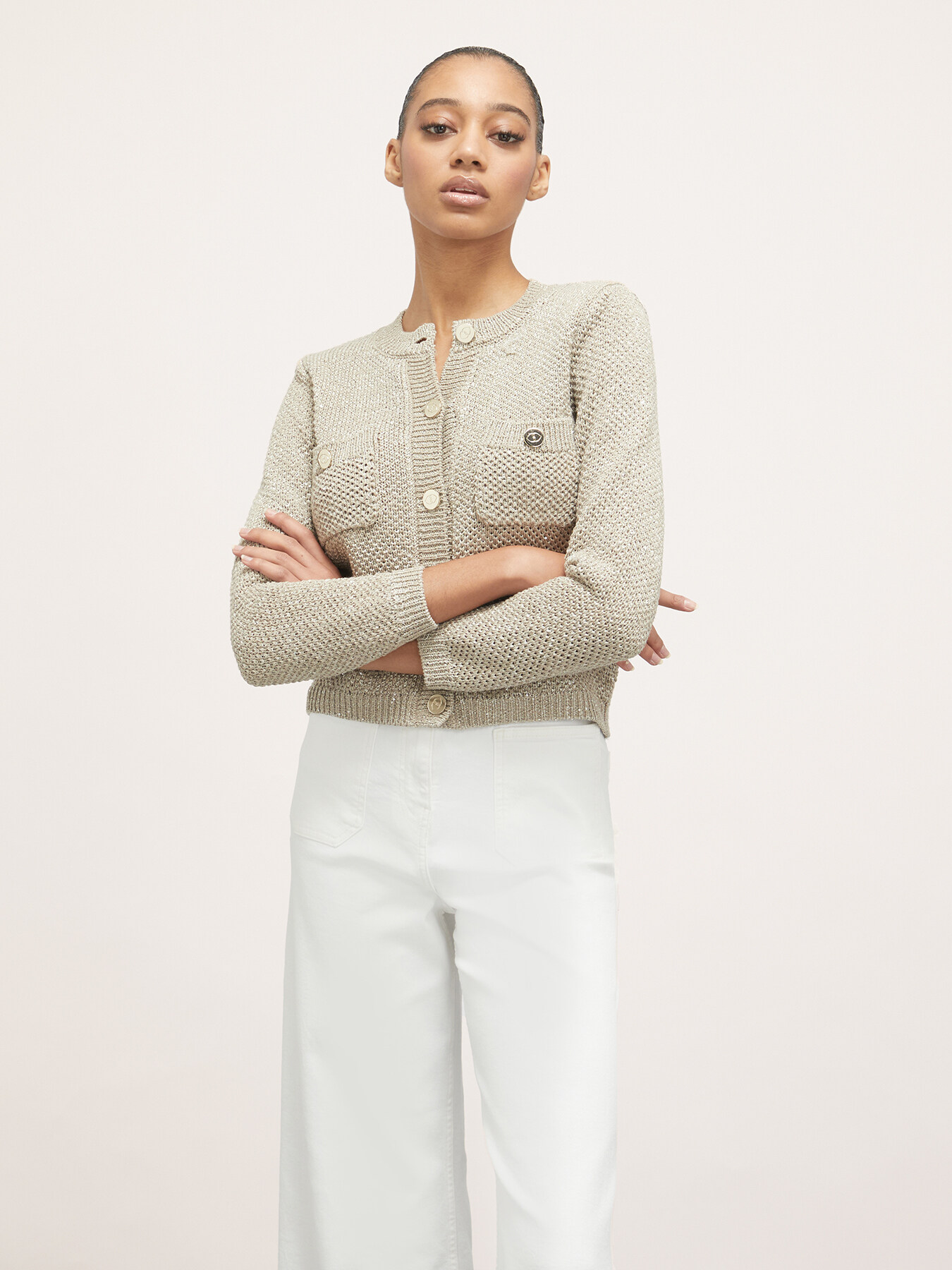 Cardigan ammagliato corto con micro paillettes image number 0